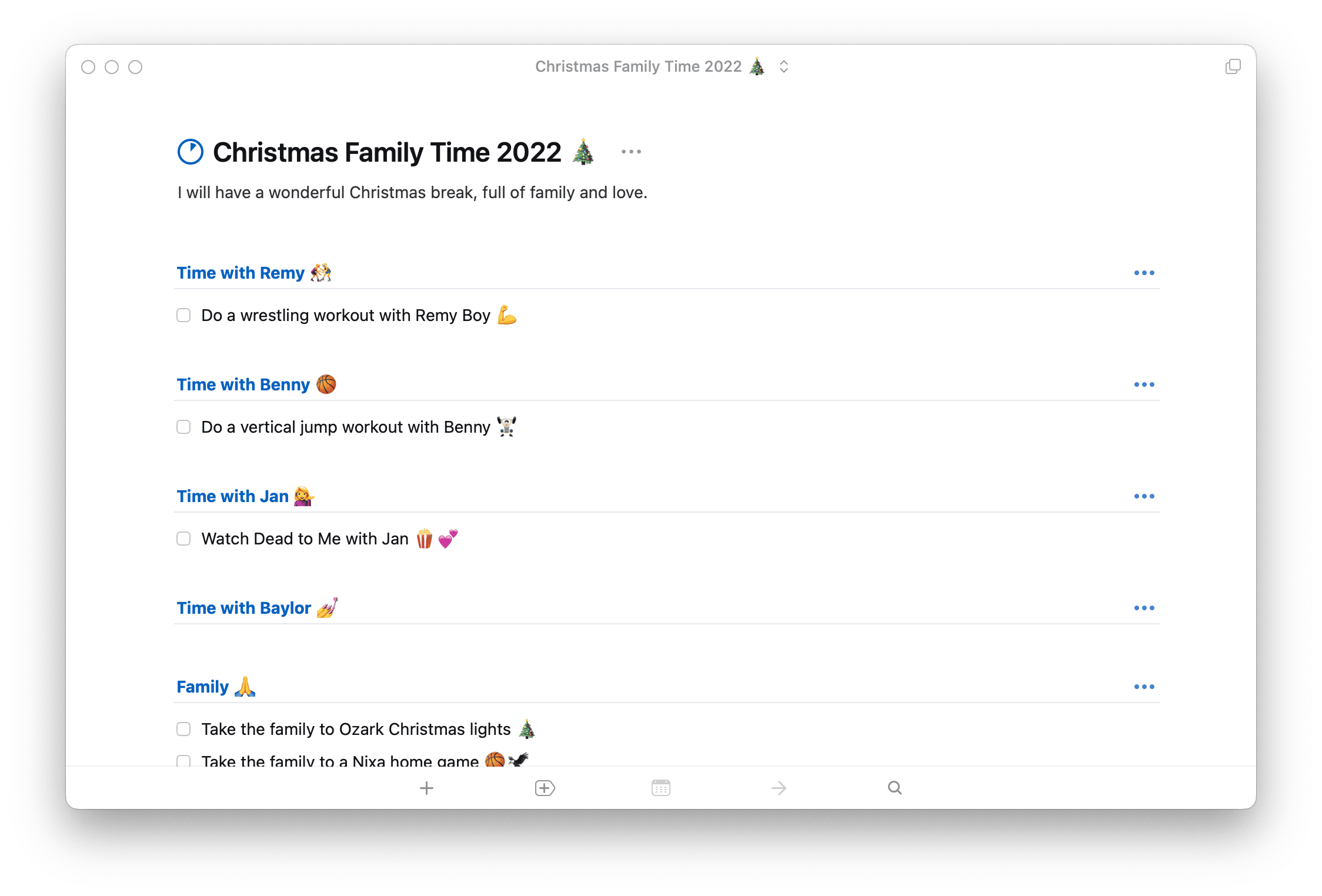 A screenshot of Things 3 with a project how to spend time off during a Christmas break