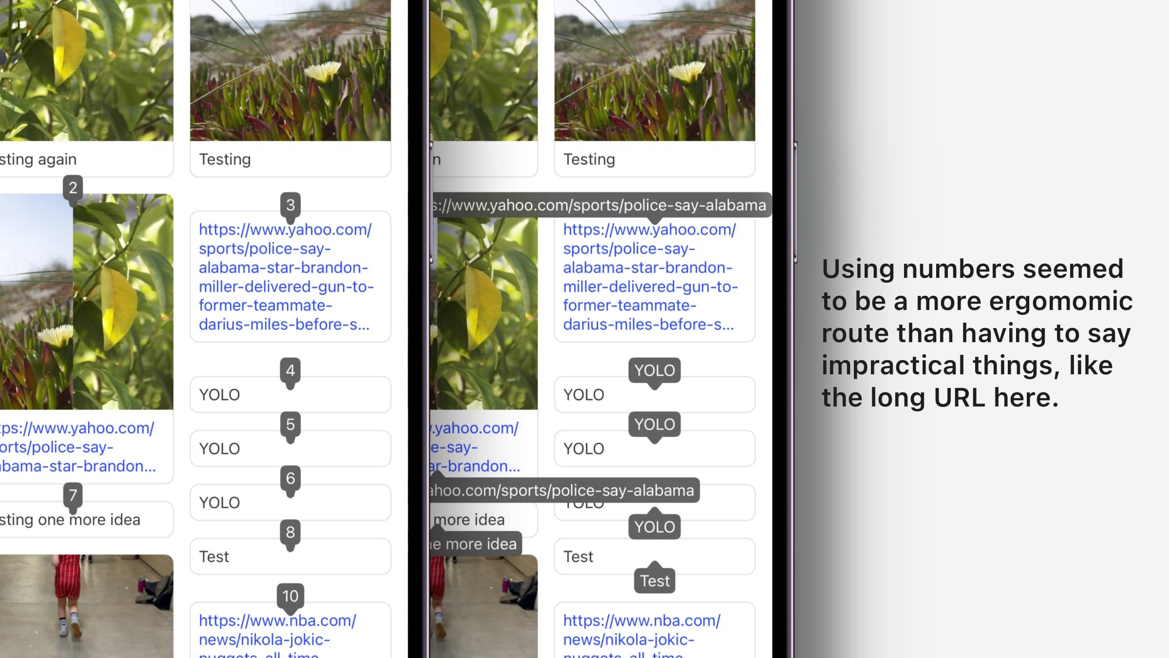 Voice Control showing long names switched out for numbers to open items in a grid.