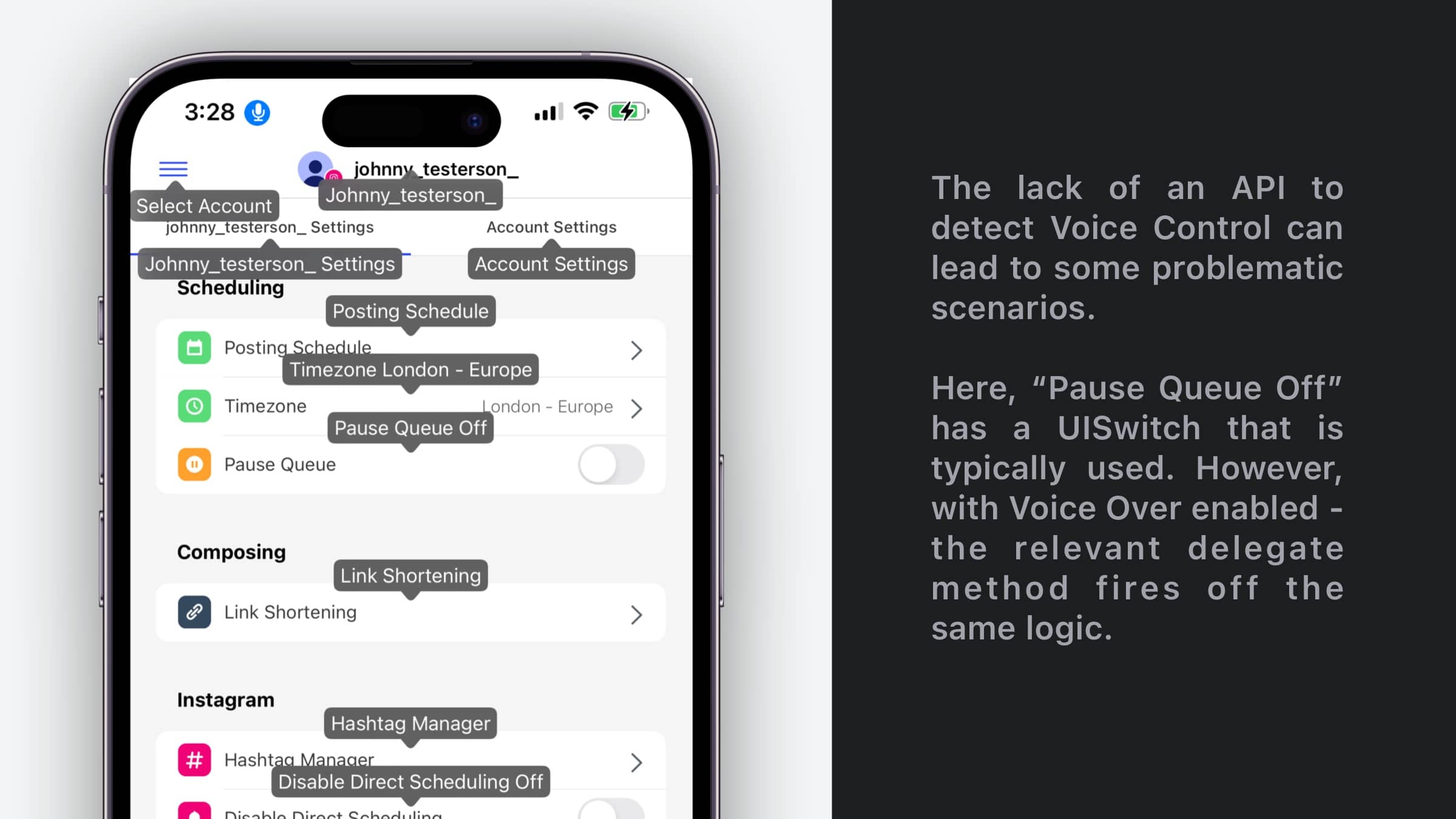 Voice Control showing options in a settings view on Buffer for iOS.