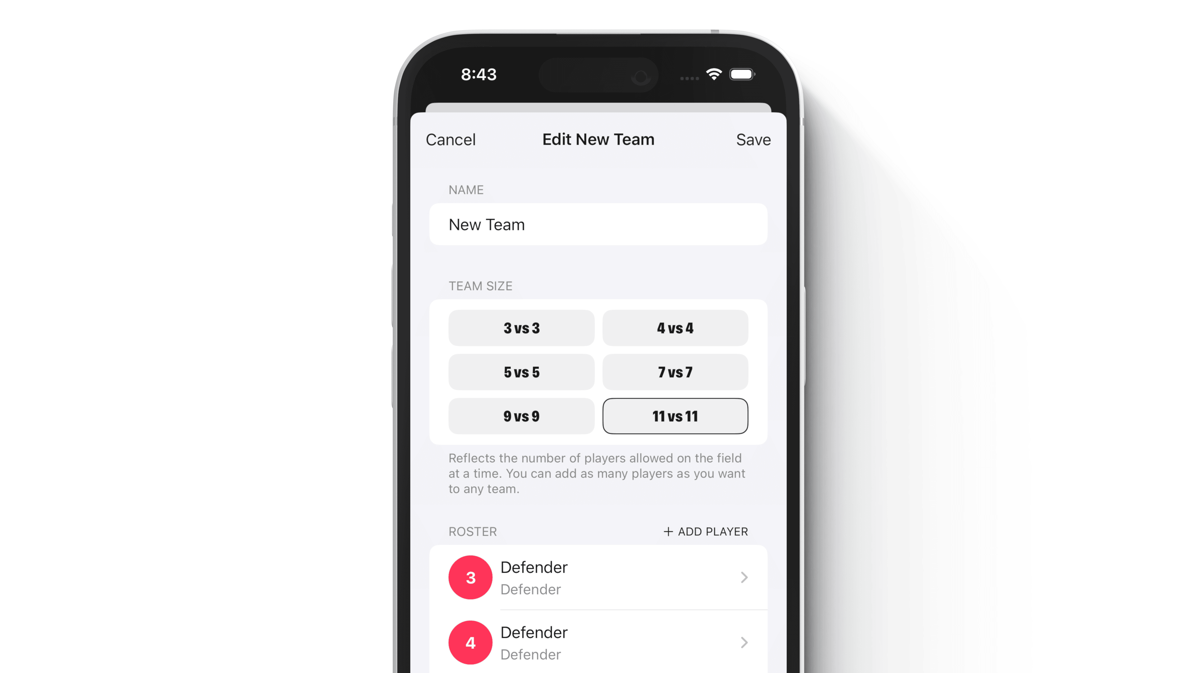 A screenshot of Elite Soccer Club's team editor showing different team size options