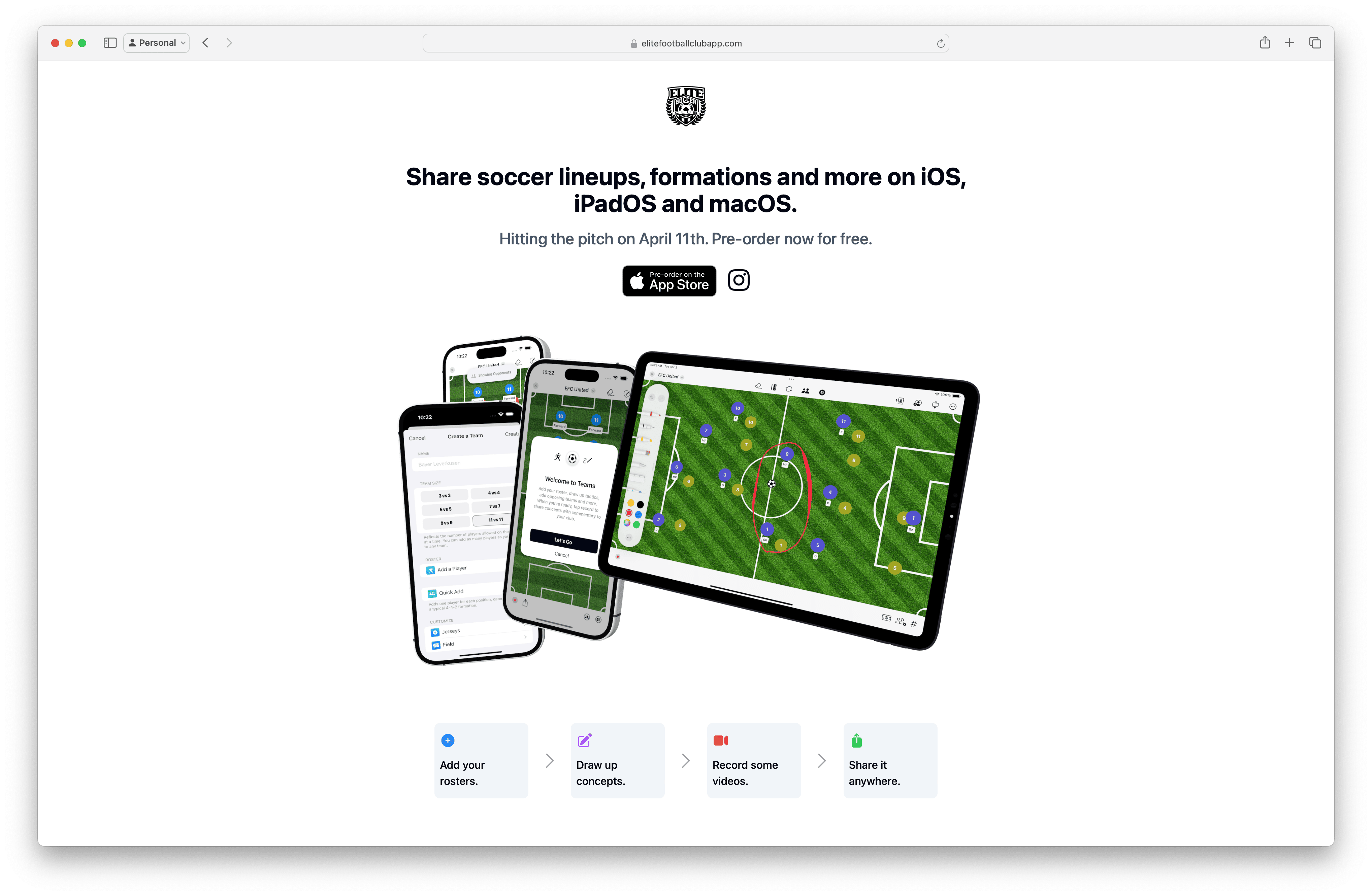 A screenshot of Elite Soccer Club's landing page.