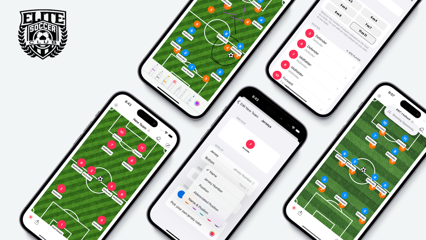 A screenshot of Elite Soccer Club's running on several devices