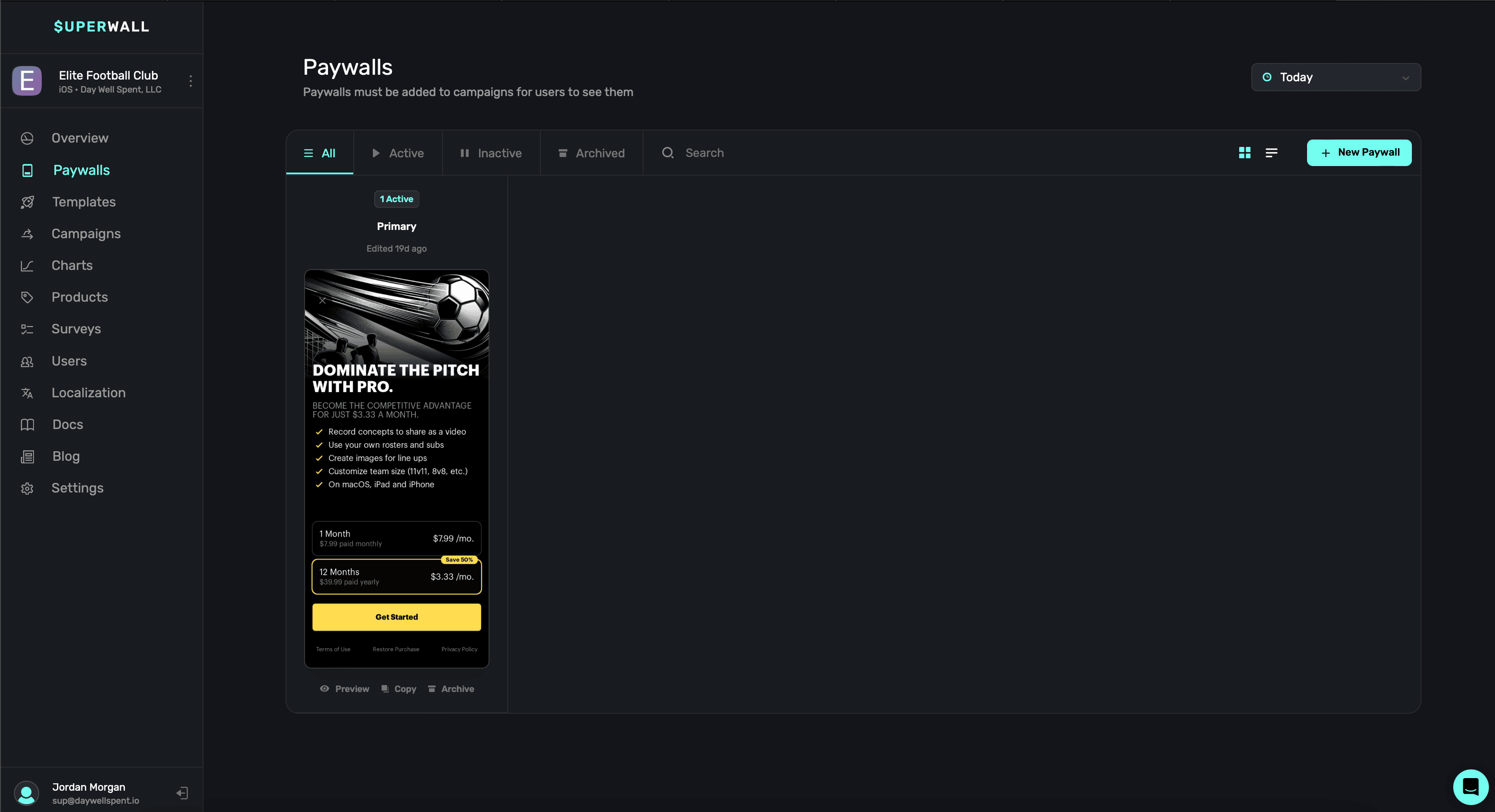 A screenshot of Elite Soccer Club's Superwall dashboard.