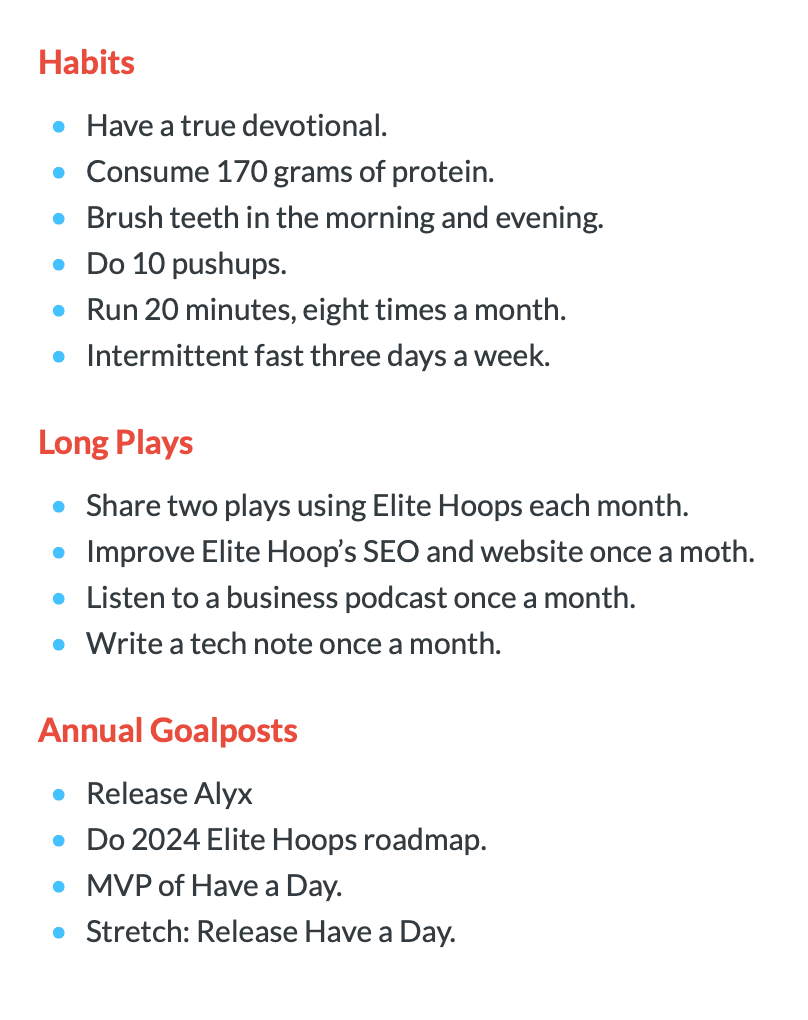 A screenshot of Day One listing off my yearly goals.