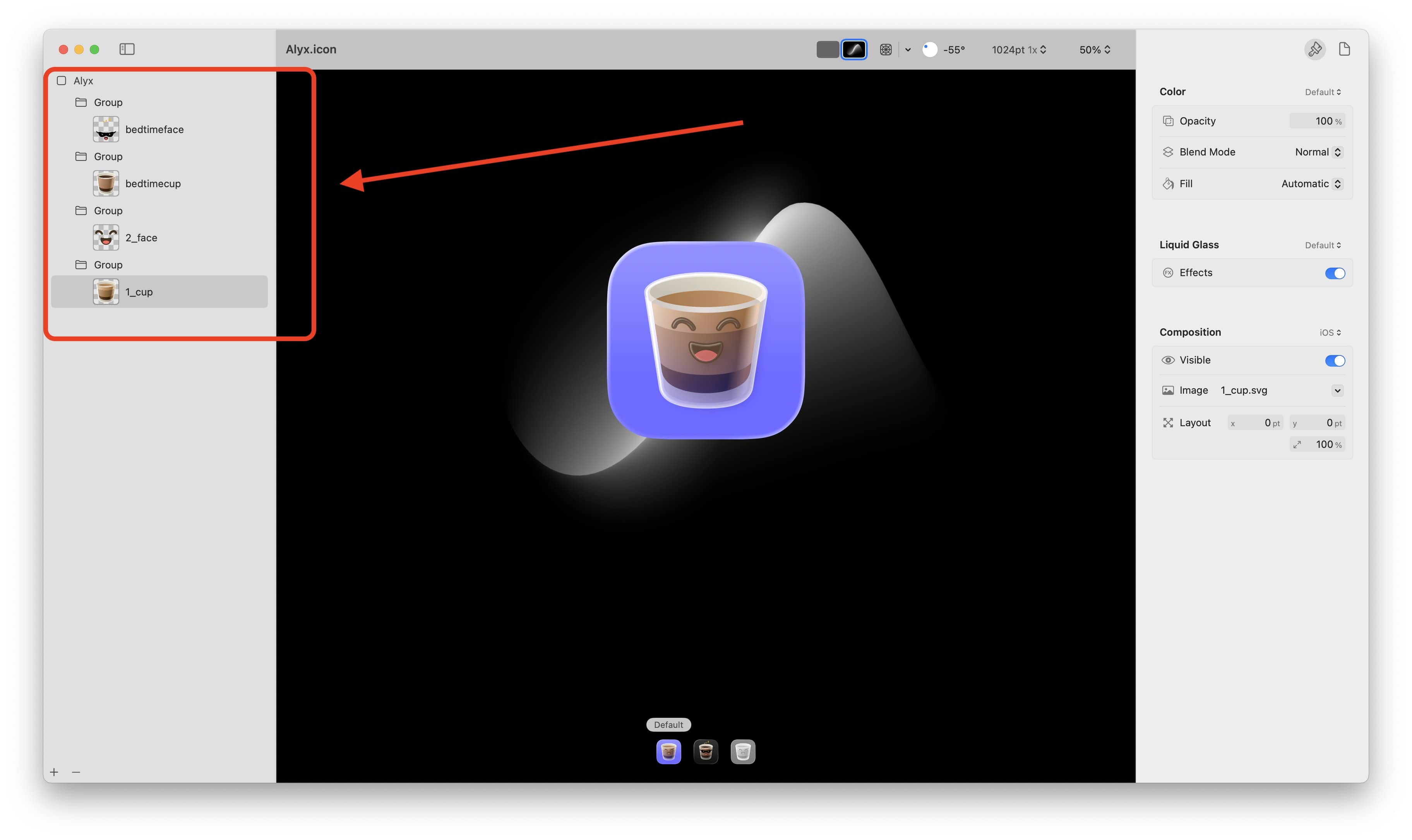 Adding groups in Icon Composer.
