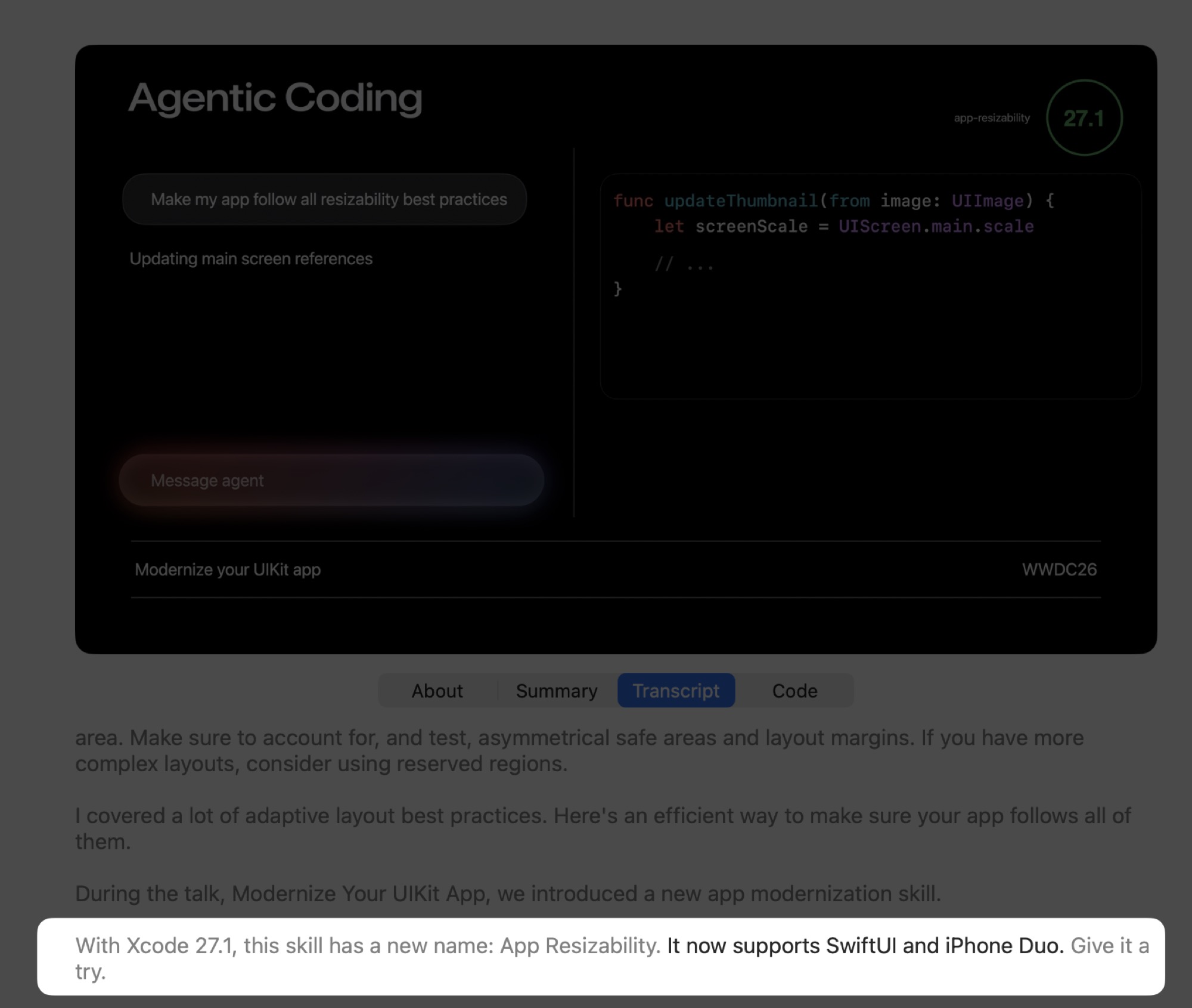 The App Resizability skill in Xcode helping prepare an app for iPhone Duo.
