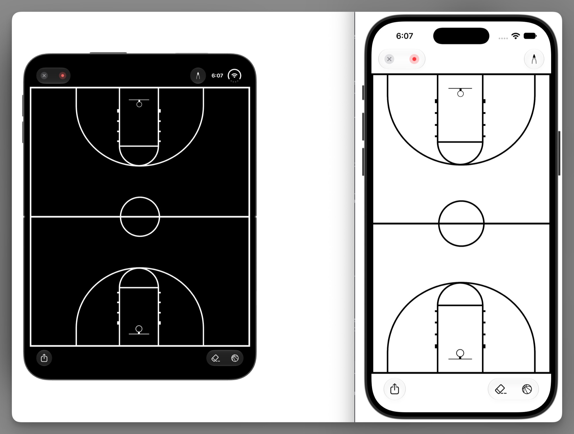 Elite Hoops digital whiteboard expanded across iPhone Duo in the rotated pose.