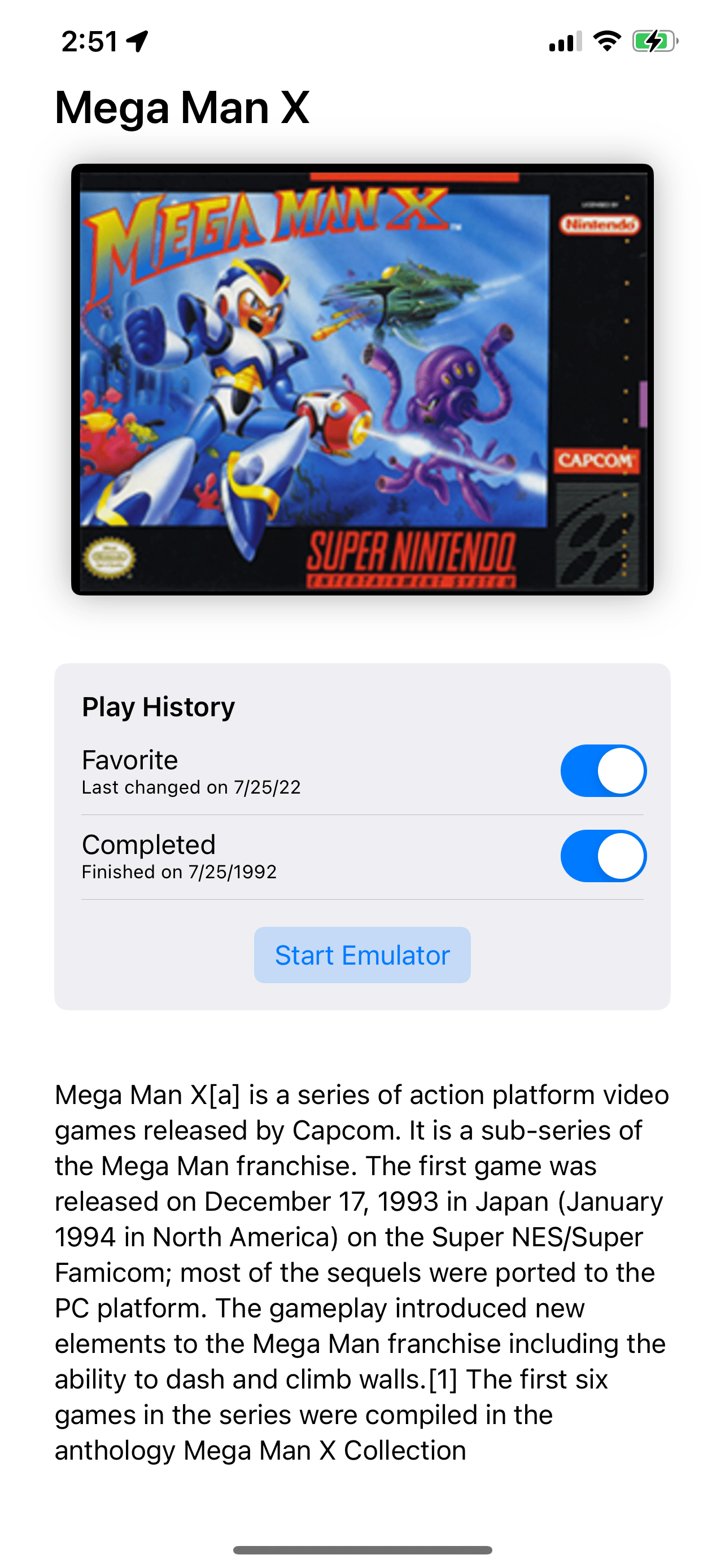 An iOS mock up built with SwiftUI showing a video game viewer app. Mega Man X's cover it shown along with metadata.