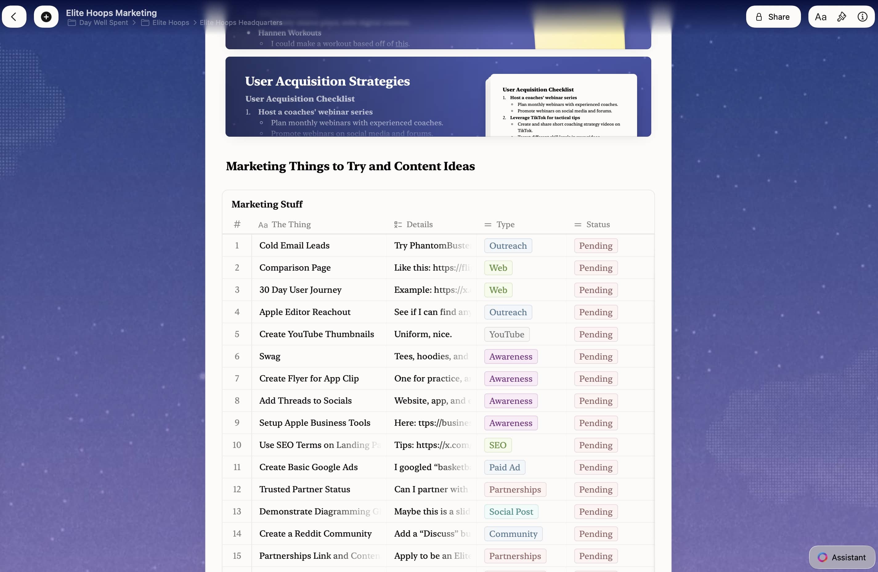 Craft doc over marketing ideas for Elite Hoops.