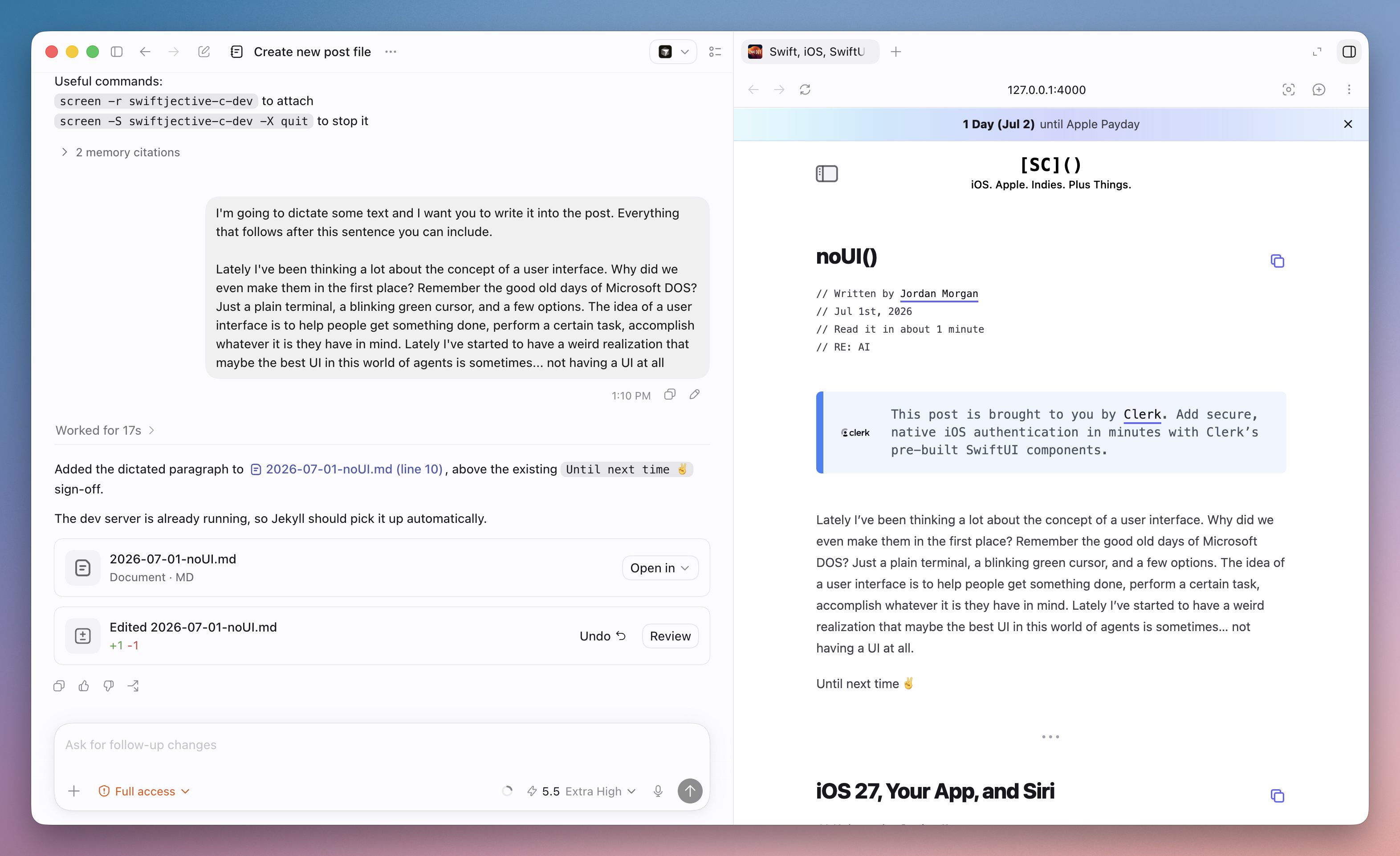 A screenshot of writing a blog post in Codex for Mac.