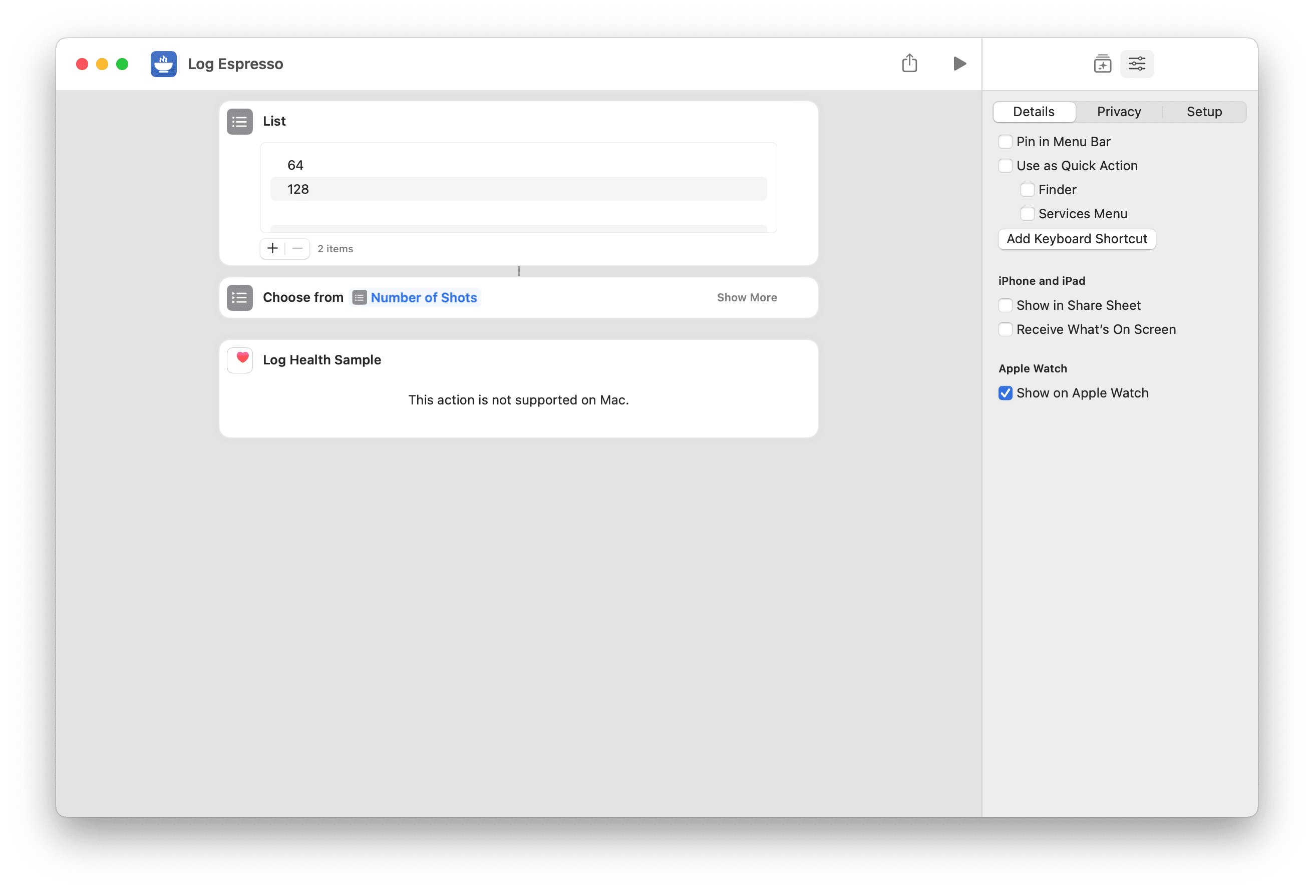 Editing a shortcut on macOS.