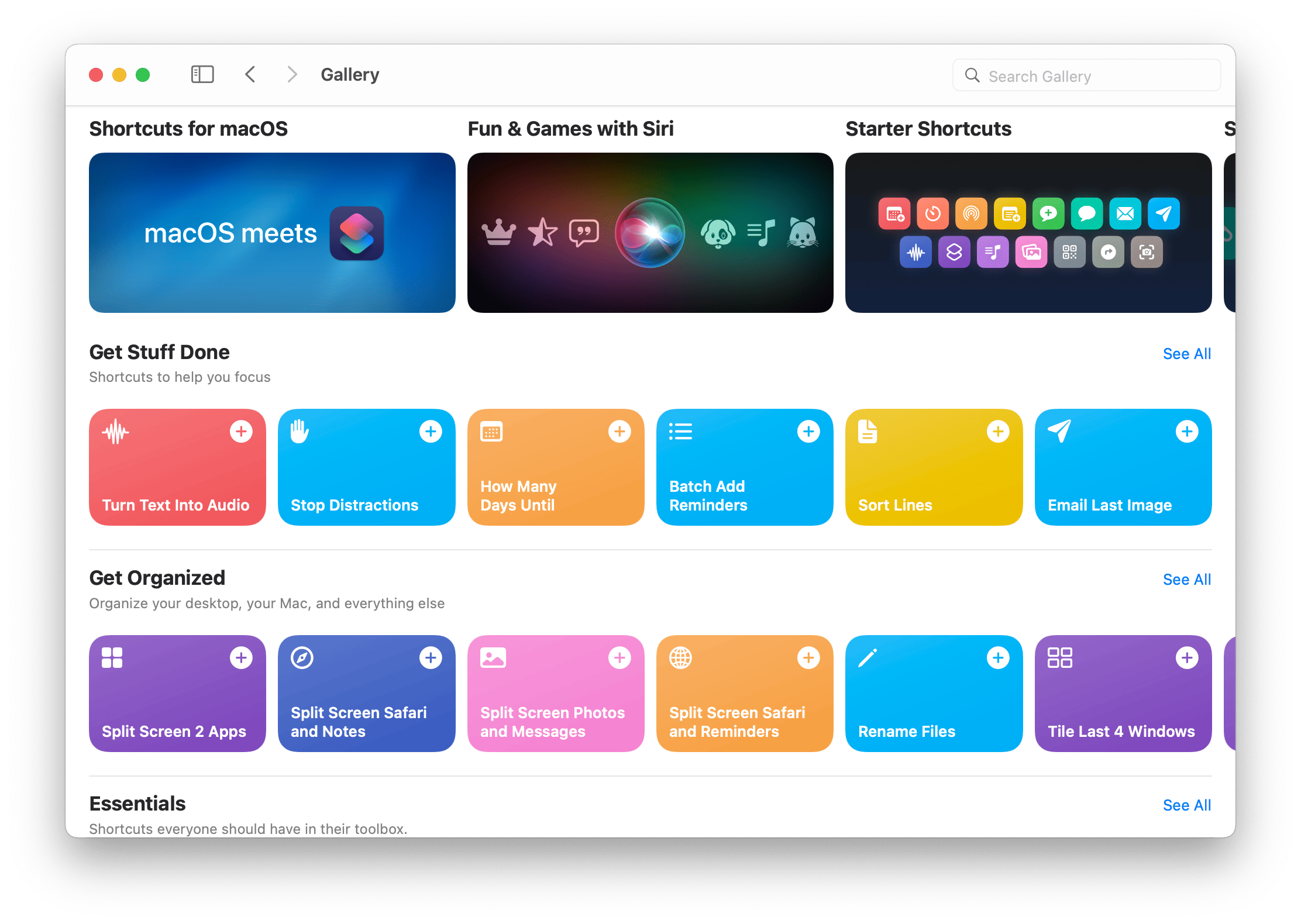 The gallery view of Shortcuts on macOS.