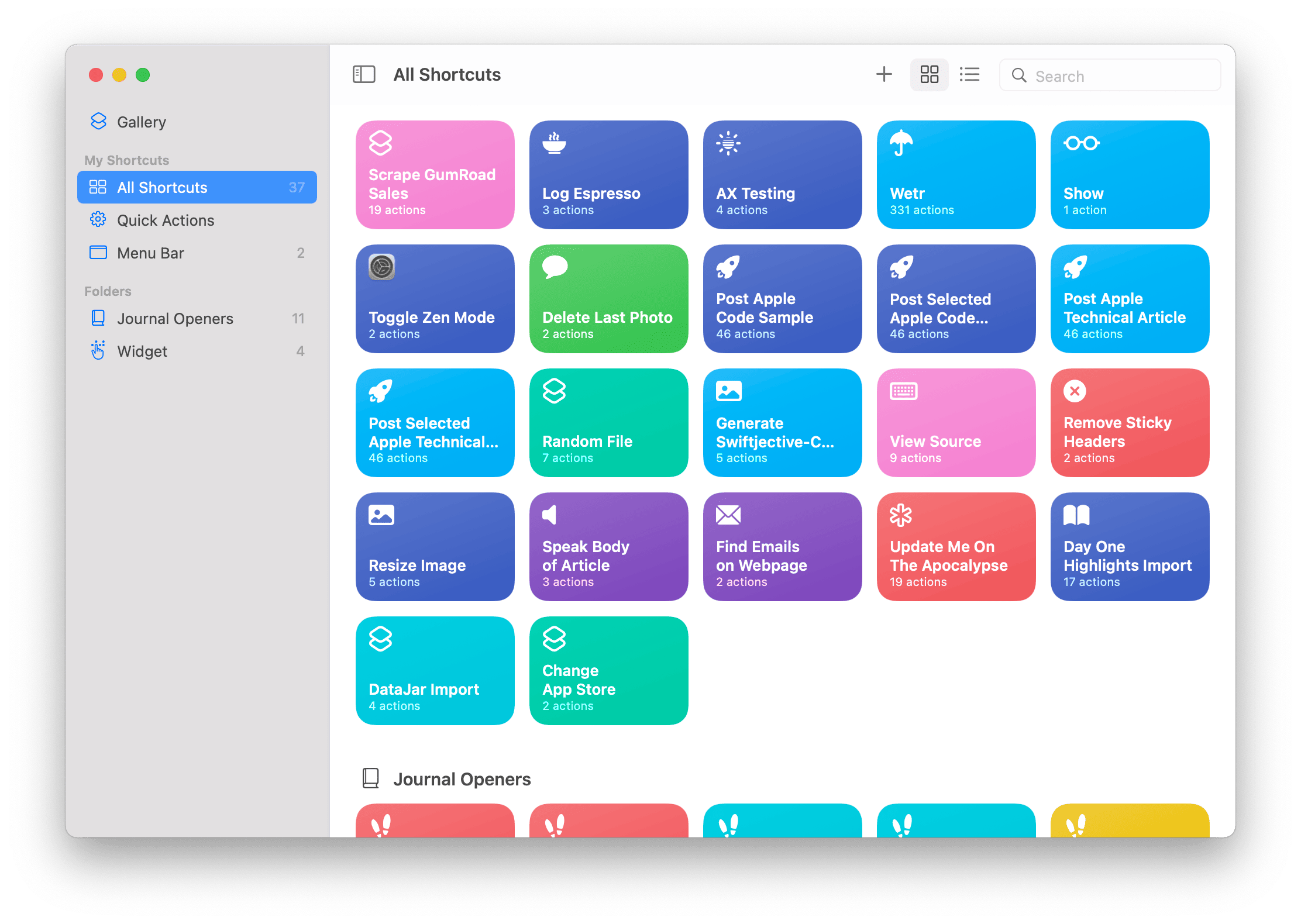 The main view of Shortcuts on macOS.